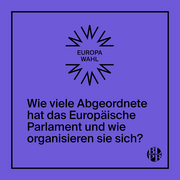 Eine lila Kachen. Oben steht "Europawahl", darunter die Frage "Wie viele Abgeordnete hat das Europäische Parlament und wie organisieren sie sich?"