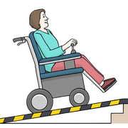 Mit dem Rollstuhl auf einer Rampe. Bild: Lebenshilfe für Menschen mit geistiger Behinderung Bremen e.V., Illustrator Stefan Albers, Atelier Fleetinsel, 2013.