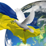 Die Ukrainische  Flagge mit einer Friedenstaube vor der Welt