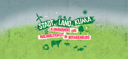 Flyer für die Ausstellung mit der Aufschrift Stadt.Land.Klima. Klimawandel und Nachhaltigkeit in Brandenburg
