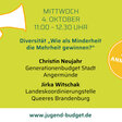 Links: Silhouette eines Arms mit Megafon; Mitte: Termin, Thema, Refererierende und Internetadresse; links: Kreis mit Aufschrift Jetzt anmelden!
