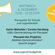 Informationstext zur Veranstaltung zwischen der Silhouette eines Arms mit Megafon (links) und Anmeldebutton (rechts).