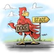 Eine Illustration. Sie zeigt einen Adler, der zwischen zwei Schildern mit der Aufschrift "Stadt" und "Dorf" steht.