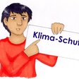 Eine Person hält ein Schild mit der Aufschrift "Klima-Schutz" hoch. 