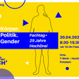 Flyer Fachtag, gelber Hintergrund, blauer Text, mit Orts- und Zeitangaben und Shilouette einer Person 