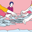 Illustration zur Wahl: Viele Hände zählen Stimmzettel aus