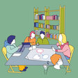 Illustration zum Thema Beutelsbacher Konsens: Mehrere Menschen sitzen an einem Tisch und interagieren miteinander. 