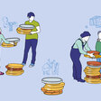 Illustration zum Thema Bürgerhaushalt: Mehrere Menschen häufen symbolische Geldmünzen unter ihren Projekten an. Diese stehen in einer Sprechblase hinter ihnen. 