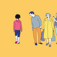 Illustration zum Thema Diskriminierung: Mehrere Menschen schauen verächtlich auf einen Jungen, der abseits geht. 