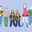 Illustration mit verschiedenen Ehrenamtlichen, die einen Blumenstrauß halten.