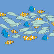 Illustration zum Thema Integration: Fische mit verschiedenen Arten schwimmen zusammen und bilden einen Schwarm 