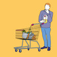 Illustration zum Thema Konsumbürger: Ein Mensch steht nachdenklich vor seinem Einkaufswagen