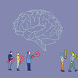 Illustration zum Thema künstliche Intelligenz: Menschen gehen mit Fragezeichen hinein und mit einem Ausrufezeichen weiter. 