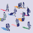 Illustration zum Thema Migration: Viele Menschen mit Koffern haben verschiedenfarbige Schatten. 