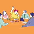 Illustration zum Thema Sachkundiger Einwohner: Mehrere Menschen in einer Sitzung, eine Person hebt die Hand. 