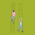 Illustration von Sozialer Ungleichheit: Zwei Menschen klettern auf zwei Leitern hoch, bei einem ist der Sprossenabstand doppelt so groß und er muss sich viel mehr anstrengen