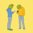 Illustration zum Thema Verschwörungsmythen: Zwei Menschen mit Echsenköpfen schauen auf ihr Handy