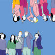 Illustration zum Thema gesellschaftlicher Zusammenhalt. Zwei Gruppen verschiedener Menschen stehen sich über Kopf gegenüber und disktutieren.inander