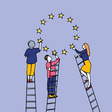 Illustration zur Europäischen Union. Drei Menschen auf einer Leiter erreichen die Sterne der Europa-Flagge