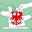 Illustration zu dden  Kommunalwahlen in Brandenburg. Viele Hände an einem Stimmzettel mit dem brandenburgischen Adler
