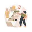 Illustration einer Person, die vor einem Laptop steht und auf eine Stadtansicht mit Gebäuden und Pflanzen deutet.