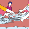 Illustration zum Thema Wahlen. Viele Hände zählen die Wahlzettel aus
