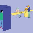 Illustration einer Wahlkabine im Wahllokal