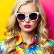 Eine attraktive blonde Frau mit Sonnenbrille vor einem bunten Hintergrund
