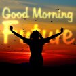 Ein Kind breitet  die Arme aus. Am Himmel geht die Sonne auf und die Aufschrift "Good Morning  future"