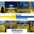 Collage von Blau und Gelben Bildern von Personen und Gebäuden. In der Mitte steht der Titel "Blau & Gelb gegen Vergessen" und weiter darunter steht der Künstlername „Mulinarius“ mit dem Hashtag „We stand with Ukraine“ und der Veranstaltungsort: Campus der Demokratie.