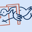 Ausschnitt aus dem Flyer: Ein Vogel geht durch eine Tür 